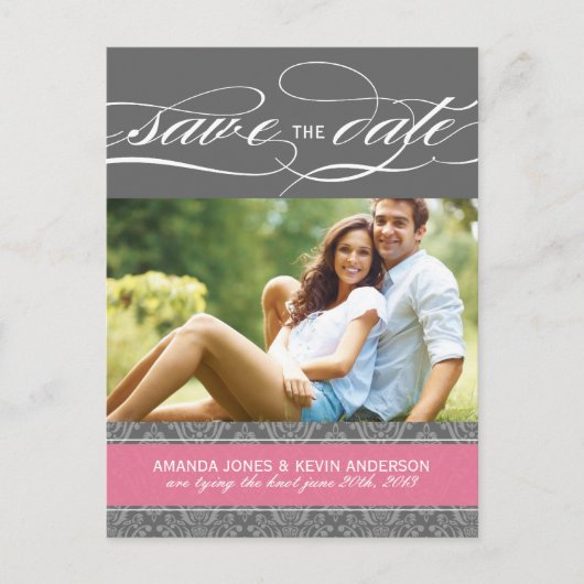Lolly Pink und Gray Damask Save the Date Ankündigungspostkarte (Vorderseite)