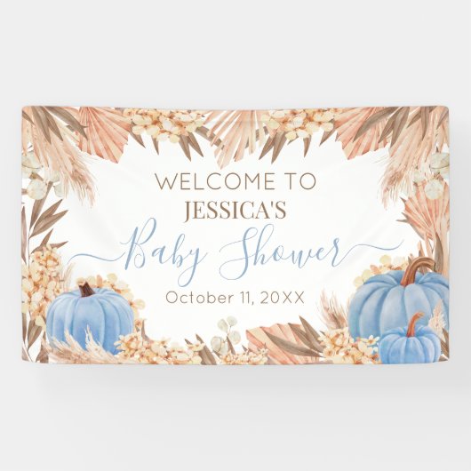 Lona Boho Pampas Blue Pumpkin baby shower Welcome Banner (Horizontal)