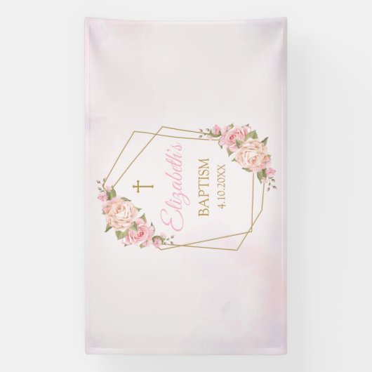 Lona Geometric Pink Floral Baptism Backdrop Banner (Vertikal)