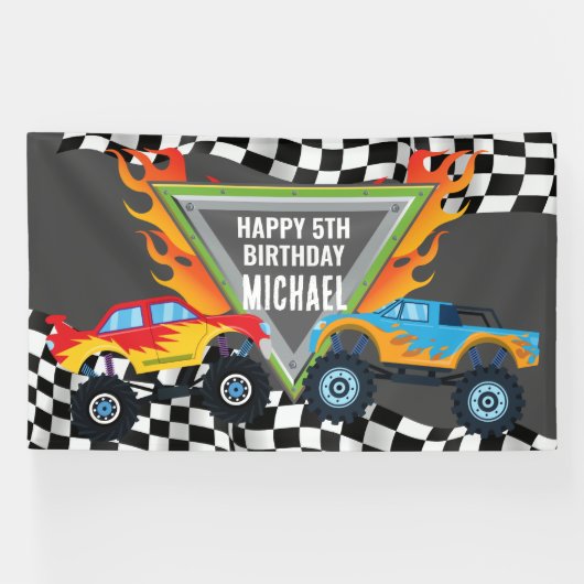 Lona Monster Truck Happy Birthday backdrop banner (Horizontal)