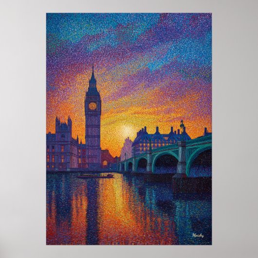 London Big Ben Pointillism Skyline Sunset Art Poster (Vorne)
