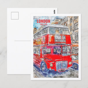 London Bus England Berühmter Reiseort Wasserfarbe Postkarte