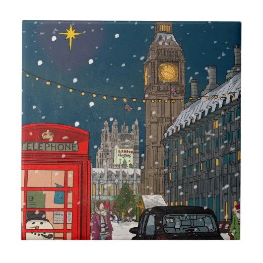 London Christmas Night Cityscape Retro inspiriert Fliese (Vorderseite)