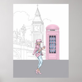 London City Girl mit rosa Telefonzelle Canvas Prin Poster