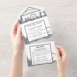 London City UAWG Watercolor Black Modern Wedding All In One Einladung