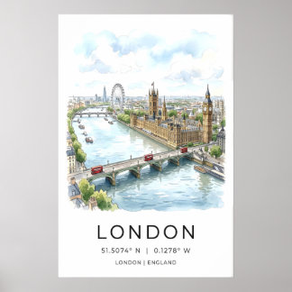 London Cityscape-Druck Wasserfarbe Thames, roter B Poster