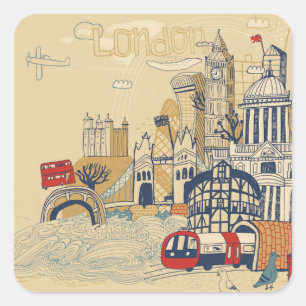 London Doodle Scene Quadratischer Aufkleber