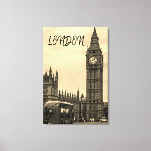 London England Big Ben Vintage Schwarz Weiß Roter Leinwanddruck
