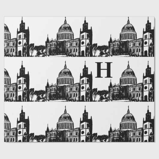 London England Elegant Schwarz-weiß Monogram Geschenkpapier (Flach)