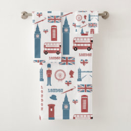 London England Flag, Double Decker Bus, Big Ben Badhandtuch Set
