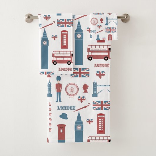 London England Flag, Double Decker Bus, Big Ben Badhandtuch Set (Insitu)
