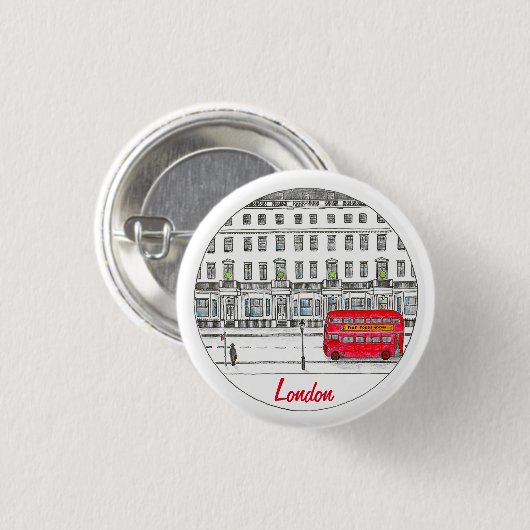 London England Red Bus Travel Illustration Button (Vorne & Hinten)