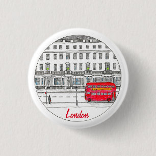 London England Red Bus Travel Illustration Button