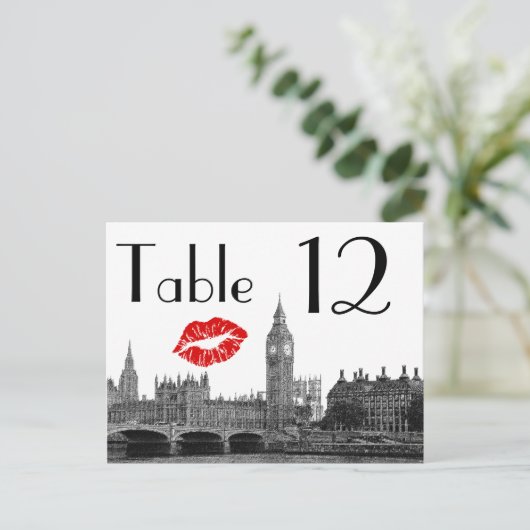 London England Skyline Kiss BW Tischnummer Card (Stehend Vorderseite)
