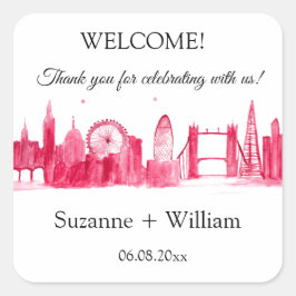 London England Skyline Pink Favorites Hochzeiten Quadratischer Aufkleber