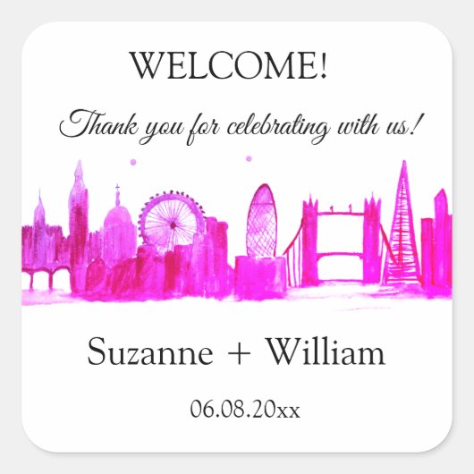 London England Skyline Pink Favorits Weddings Squa Quadratischer Aufkleber (Vorderseite)