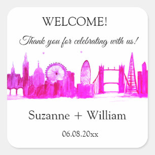 London England Skyline Rosa Favors Hochzeiten Quad Quadratischer Aufkleber
