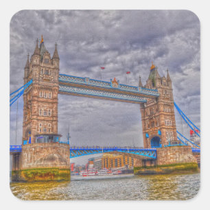 London, England Tower Bridge & Thames River Quadratischer Aufkleber