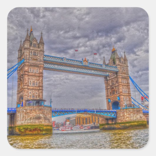 London, England Tower Bridge & Thames River Quadratischer Aufkleber (Vorderseite)