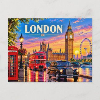 London England Vintage Reise - Big Ben, roter Bus Feiertagspostkarte