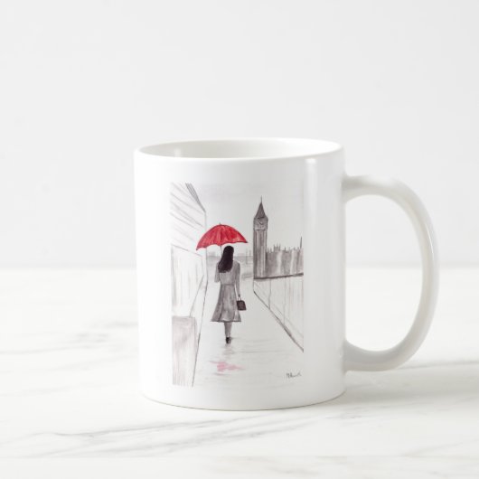 London Girl mit rotem Schirm Wasserfarbe England Kaffeetasse (Rechts)