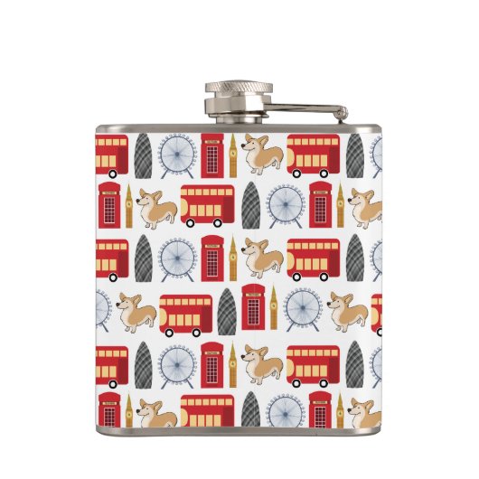 London Icon und Corgi Collage Pattern Flachmann (Rückseite)