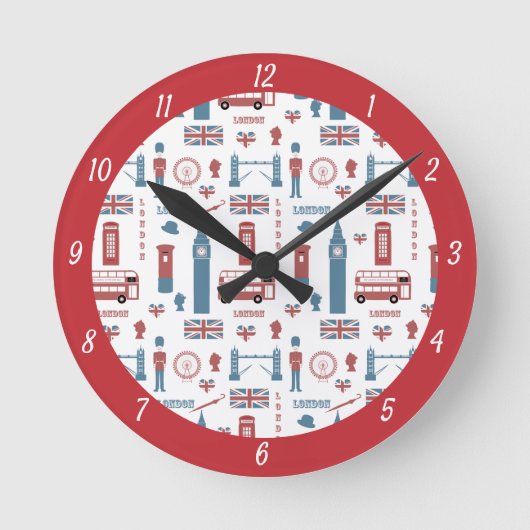 London Icons, Big Ben, England Flag, Double Decker Runde Wanduhr (Vorderseite)