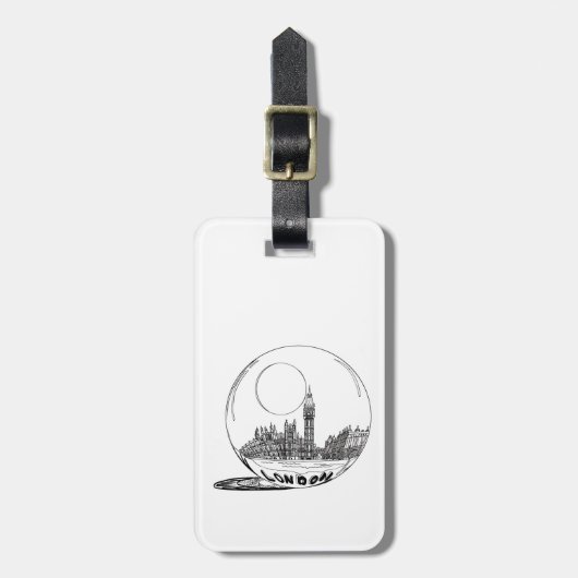 London in einer Glaskugel. Gepäckanhänger (Vorderseite vertikal)