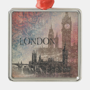 London mit Parlament Rot und Blau Vintage Silbernes Ornament