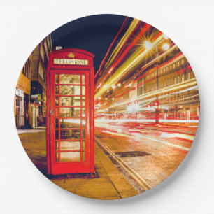 London nachts mit britischer roter Telefonzelle Pappteller