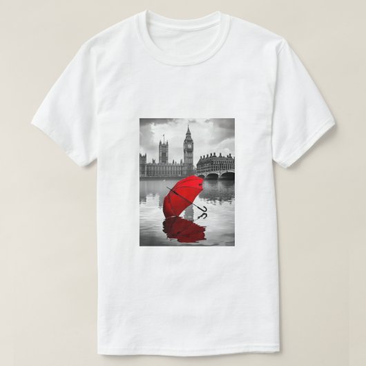 London Rain: Roter Regenschirm an der Themse T-Shirt (Design vorne)