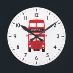 London Red Bus Personalised Numbered Clock Runde Wanduhr<br><div class="desc">The London red bus clock can be personalised with a name and plate details. Would look great in a child’s bedroom or nursery.</div>