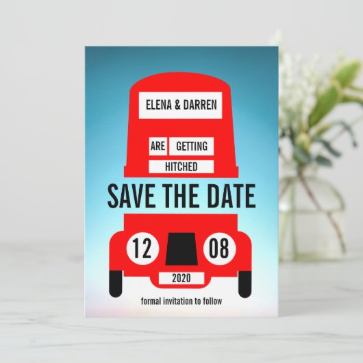 London Red Bus Wedding Save The Date (Stehend Vorderseite)