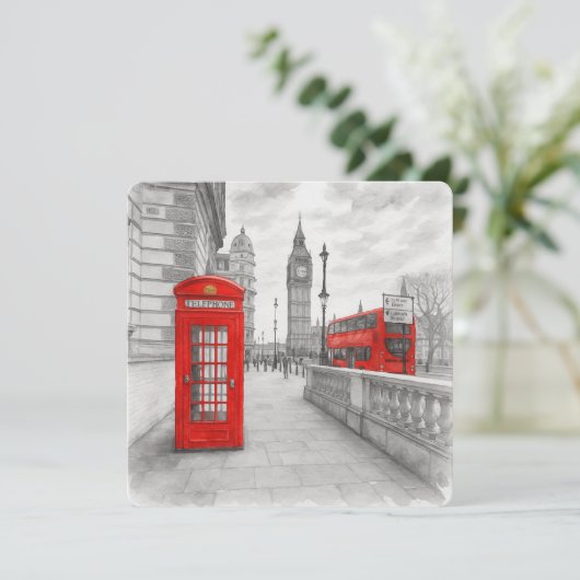 London Red Phone Booth & Bus Watercolor Karte (Stehend Vorderseite)