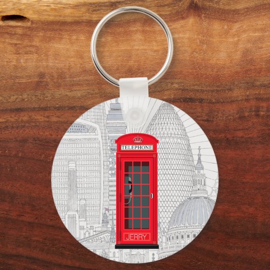 London Red Phone Booth Skyline with Custom Name Schlüsselanhänger (Vorderseite)