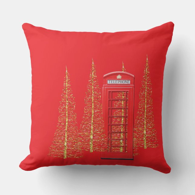 London Red Telefone Box Gold Tree Throw Kissen (Vorderseite)