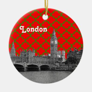 London Skyline Ätzung Grün Rot Quatrefoil Hintergr Keramikornament