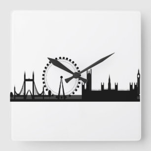 London-Skyline-Bildschwarz-u. Weiß-London-Uhr Quadratische Wanduhr
