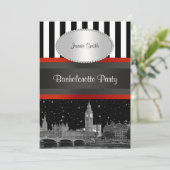 London Skyline BW Blk Wht Stripe Red Bachelorette Einladung (Stehend Vorderseite)