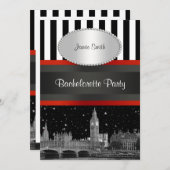 London Skyline BW Blk Wht Stripe Red Bachelorette Einladung (Vorne/Hinten)