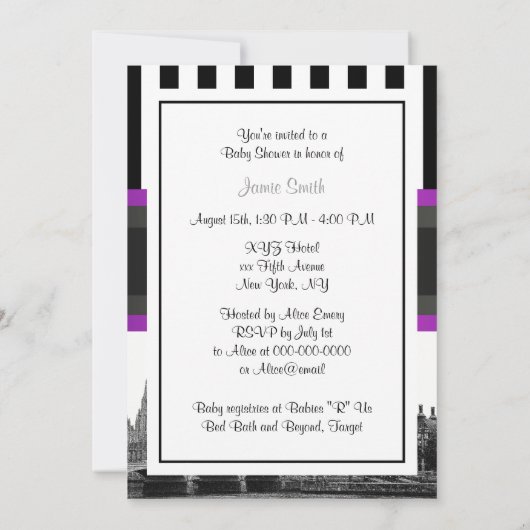 London Skyline BW Blk Wht Strp Lila Baby Shower Einladung (Rückseite)