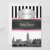 London Skyline BW Blk Wht Strp Pink Baby Shower Einladung (Vorderseite)