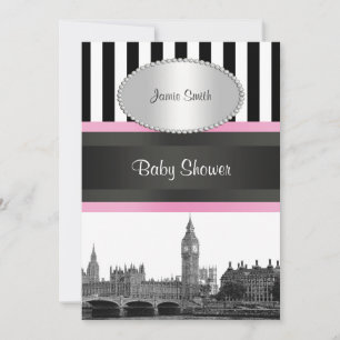 London Skyline BW Blk Wht Strp Pink Baby Shower Einladung