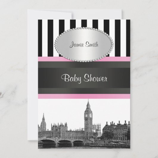 London Skyline BW Blk Wht Strp Pink Baby Shower Einladung (Vorderseite)