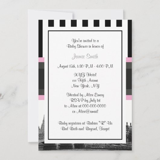 London Skyline BW Blk Wht Strp Pink Baby Shower Einladung (Rückseite)