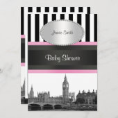 London Skyline BW Blk Wht Strp Pink Baby Shower Einladung (Vorne/Hinten)