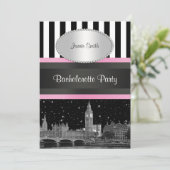 London Skyline BW Blk Wht Strp Pink Bachelorette Einladung (Stehend Vorderseite)