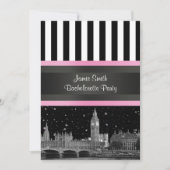 London Skyline BW Blk Wht Strp Pink Bachelorette Einladung (Vorderseite)