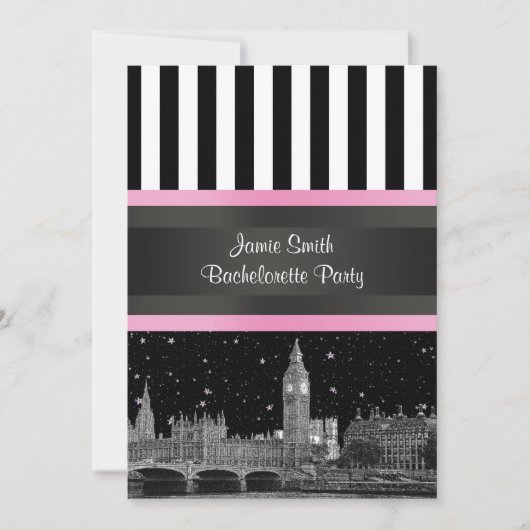 London Skyline BW Blk Wht Strp Pink Bachelorette Einladung (Vorderseite)