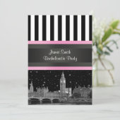 London Skyline BW Blk Wht Strp Pink Bachelorette Einladung (Stehend Vorderseite)